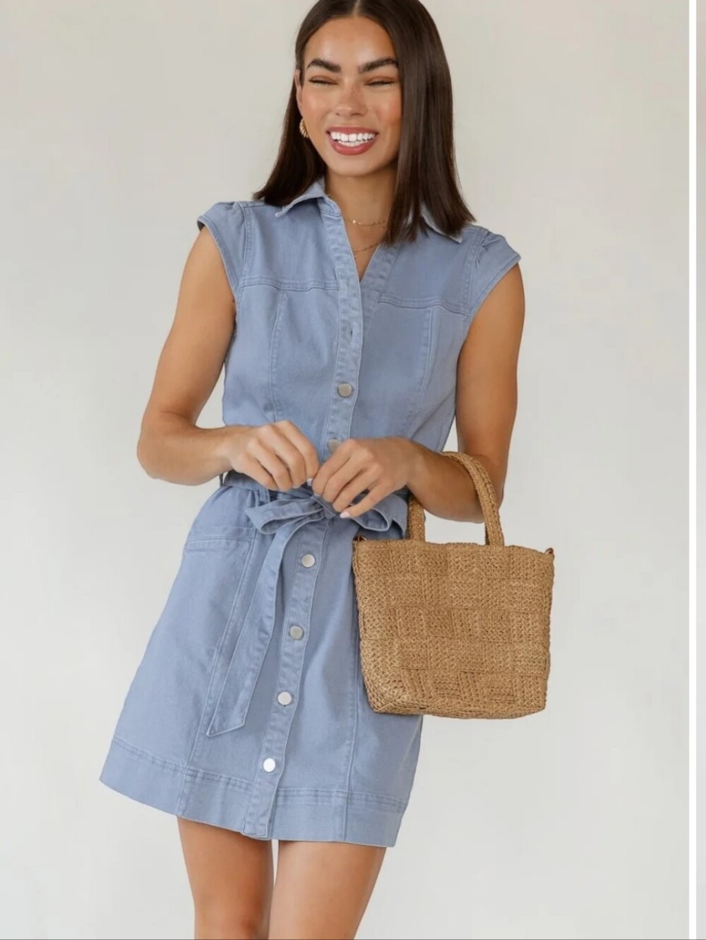 Skies Are Blue Women's Light Blue Denim Mini Dress  Removable Tie Belt Size XS
